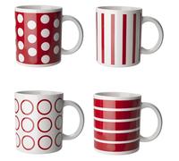 Lot de 4 tasses à café en céramique - Avec quatre tasses à rayures rouges et blanches et à pois - Dans une boîte cadeau colorée - 325 ml