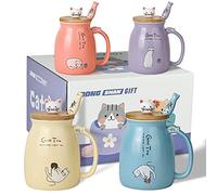 Lot de 4 tasses à café en céramique en forme de chat mignon avec couvercle en forme de chat et cuillère à poisson, pour filles et femmes,cadeau de Noël, 450 ml (bleu, rose, violet, jaune)