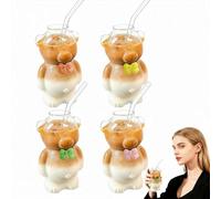 Lot de 4 tasses à café en forme d'ours de dessin animé avec paille, tasse à vin créative en forme d'ours en verre pour bar à domicile, café, jus, cocktail, bière