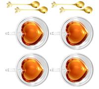 Lot de 4 tasses à cappuccino de 240 ml - Double paroi - Avec anse et cuillère - Tasses à expresso - Verres à thé - En forme de cœur - Pour café, latte, cappuccino, thé, lait