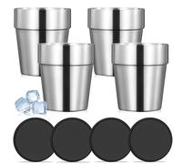 Lot de 4 tasses à double paroi en acier inoxydable + sous-verre en silicone, tasses à expresso empilables, tasses à café/thé/verres à bière pour la maison, les fêtes ou le camping, 6 oz (175 ml)