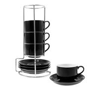 Lot de 4 tasses à expresso en porcelaine, tasses à cappuccino, tasses à café en céramique avec soucoupe, support en métal pour boissons à café, latte Americano, thé (A)