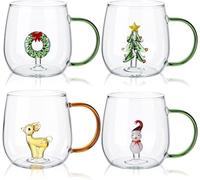 Lot de 4 tasses en verre de Noël créatives pour l'hiver, 382,7 g, tasse à café, thé, lait avec motif 3D arbre de Noël, bonhomme de neige, cerf, guirlande de cerfs, décoration de Noël