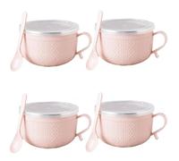 Lot de 4 tasses rondes Mea-l de 708,7 g avec couvercles, tasses rondes Mea-l avec poignées, cuillère pour café, ragoûts, idéal pour Noël, vacances et hiver (rose)