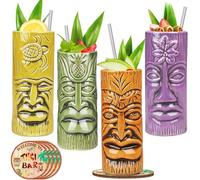 Lot de 4 tasses Tiki - Verres à cocktail exotiques avec dessous de verre et pailles pour Mai Tai, Pina Colada, Tiki Bar