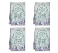 Lot de 4 torchons de cuisine absorbants et doux motif attrape-rêves avec plumes artistiques bohèmes, fleurs, printemps, vert menthe, 40,6 x 61 cm