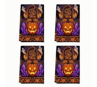 Lot de 4 torchons de cuisine gothique mystique Jack-o'-Lantern Halloween | Cristaux brillants, torchons à vaisselle, silhouettes de fantômes effrayants, arche en pierre gothique