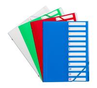 Lot de 4 - Trieur plastique Bruneau à rabats 12 divisions A4 - couleurs assorties - Trieurs polypropylène à élastique - Bruneau