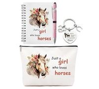 Lot de 4 trousses de maquillage GiftGem avec stylo pour bloc-notes, porte-clés, pochette cosmétique sur le thème équestre, cadeau pour filles, organisateur de voyage en toile, cadeau d'anniversaire