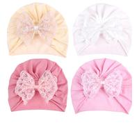 Lot de 4 Turban Bebe Fille 0-3 Mois Bonnet Naissance Chapeaux Bandeau Cheveux Nœud Papillon Lace Serre Tête Accessoires Nouveau Né Baptême Casquettes Cadeau (FR/ES, Âge, 0 Mois, 3 Ans, Beige Rose)
