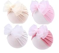 Lot de 4 Turban Bebe Fille 0-3 Mois Bonnet Naissance Chapeaux Bandeau Cheveux Nœud Papillon Lace Serre Tête Accessoires Nouveau Né Baptême Casquettes Cadeau (FR/ES, Âge, 0 Mois, 3 Ans, Rose Blanc)