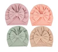 Lot de 4 Turban Bonnet Bébé Fille Garcon Naissance Coton Hiver Chuad Doux Chapeaux Bandeau Cheveux Noeud Elastique Serre Tête Accessoires Nouveau Né Baptême Cadeau 0-12 Mois