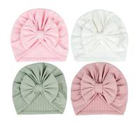Lot de 4 Turban Bonnet Bébé Fille Garcon Naissance Coton Hiver Chuad Doux Chapeaux Bandeau Cheveux Noeud Elastique Serre Tête Accessoires Nouveau Né Baptême Cadeau 0-12 Mois