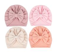 Lot de 4 Turban Bonnet Bébé Fille Garcon Naissance Coton Hiver Chuad Doux Chapeaux Bandeau Cheveux Noeud Elastique Serre Tête Accessoires Nouveau Né Baptême Cadeau 0-12 Mois