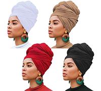 Lot de 4 turban en jersey extensible - Couleur unie - Style bohème - Extra long - Doux - Respirant - Facile à nouer - Pour femme (noir, camel, blanc, rouge vin)