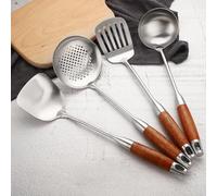 Lot de 4 ustensiles de cuisine en acier inoxydable 304, spatule, louche, passoire et spatule avec long manche en bois résistant à la chaleur.(4Pcs Poignée Marron)