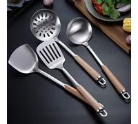 Lot de 4 ustensiles de cuisine en acier inoxydable 304, spatule, louche, passoire et spatule avec long manche en bois résistant à la chaleur. (4 poignées rondes)