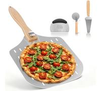 Lot de 4 ustensiles de four à pizza, pelle à pizza de 30,5 cm avec poignée pliable, grattoir à pâte avec échelle de mesure, roue à pizza et pelle à tranche, pour cuire, trancher et servir pour les
