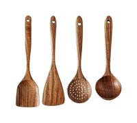 Lot de 4 ustensiles en bois naturel | Cuillère en bois | Ustensiles de cuisine | Ensemble d'ustensiles de cuisine - Grande cuillère à soupe, spatule antiadhésive avec longues poignées