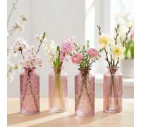 Lot de 4 vases roses en verre - Hauteur : 14 cm - Décoration de table - Décoration de fleurs - Vase décoratif en verre - Vase à bouteille - Fleurs séchées
