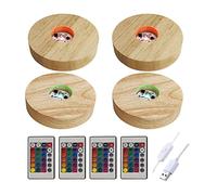 Lot de 4 veilleuses en bois, 16 couleurs, base de lampe USB pour cristaux, verre, résine, art, lumières LED colorées avec télécommande (ronde)