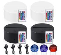 Lot de 4 veilleuses LED 3D, socle LED avec télécommande et câble USB, lampe illusion 3D, 7 couleurs à intensité variable, lampe décorative pour acrylique et plexiglas, lumières décoratives (W+S)