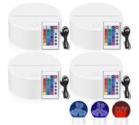 Lot de 4 veilleuses LED 3D, socle LED avec télécommande et câble USB, lampe illusion 3D, 7 couleurs à intensité variable, lampe décorative pour acrylique et plexiglas, lumières décoratives (blanc)