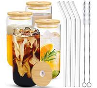 Lot de 4 Verre Bubble Tea avec Couvercle et Paille, 460 ml Gobelet Bubble Tea, Canettes de Bière Avec Couvercles, Verre Canette avec Glass Straw pour Smoothie, Bière, Cocktail, Cafe, Cola