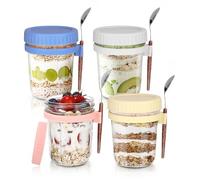 Lot de 4 Verres à Flocons d’avoine pour la Nuit, Bocaux à yaourt Overnight Oats avec Couvercle et Cuillère, Tasse à Yaourt Réutilisable, pour céréales à emporter, yaourt, avoine, lait, fruits, 350 ml