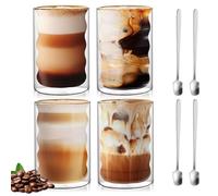 Lot de 4 verres à latte macchiato à double paroi - 400 ml - Avec 4 cuillères - Verres à cappuccino - Tasses à expresso - En forme de spirale - Pour latte, thé, américain glacé