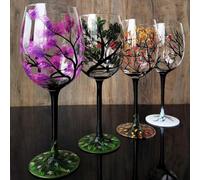 Lot de 4 verres à vin colorés en forme d'arbre quatre saisons peints à la main avec feuilles d'automne et fleurs pour vin, cocktails, cadeau fantaisie pour anniversaires, mariages, Saint-Valentin