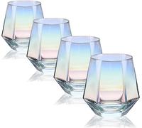 Lot de 4 verres à vin sans pied (300 ml) pour vin rouge et blanc, verre irisé en forme de diamant pour whisky, cocktail, cadeau pour anniversaire, mariage, pendaison de crémaillère, anniversaire