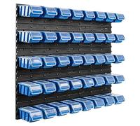 Lot de 40 boîtes de rangement empilables en plastique bleu avec couvercle et panneau murale 96,5 x 78 cm, bacs a bec a accrocher pour clous vis, garage, atelier