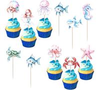 Lot de 40 décorations de gâteau océan - Pieuvre, hippocampe, tortue, cupcake - Décoration de gâteau sous la mer - Thème animal océanique - Pour bébé, douche, anniversaire, fête, décoration de gâteau