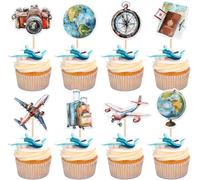 Lot de 40 décorations de gâteau sur le thème de voyage - L'aventure peut commencer - Boussole - Cartes - Bagages - Avion - Décoration de gâteau - Pour aller au départ et fête