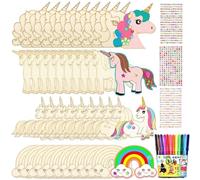 Lot de 40 licornes - Kit de bricolage en bois pour enfants - Avec 12 stylos aquarelle + 3 autocollants à paillettes - Pour anniversaire d'enfant - Kit de bricolage pour enfants, garçons et filles