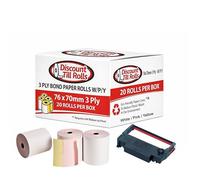 Lot de 40 rouleaux de papier 3 plis non thermique (blanc/rose/jaune) 76 x 70 mm, 3 plis pour imprimante de cuisine