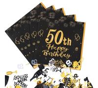 Lot de 40 serviettes 50e anniversaire 50e anniversaire 50e anniversaire pour hommes et femmes décoration 50e anniversaire homme confettis noirs et dorés Happy Birthday décorations d'anniversaire