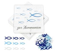 Lot de 40 serviettes de communion + 60 poissons en bois - Décoration de communion - Bleu et blanc - Décoration de table pour fête, première communion, cadeaux d'invités, 3 couleurs de poisson en bois