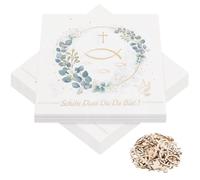 Lot de 40 serviettes de communion « Schön dass Du da bist » et 100 pièces en bois à disperser pour décoration de table pour communion, baptême et confirmation pour fêtes spéciales 33 x 33 cm