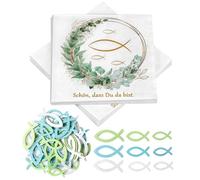 Lot de 40 serviettes de décoration de confirmation + 45 poissons en bois à disperser - Décoration de table pour baptême confirmation pour garçon et fille - Invités avec inscription en allemand Schön