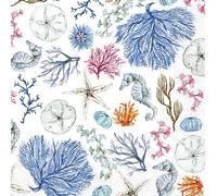 Lot de 40 serviettes de table bleues côtières | 2 paquets de 20 serviettes cocktail motif océan corail et hippocampe