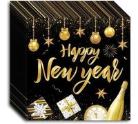 Lot de 40 serviettes de table en papier noir et doré pour décoration de fête du Nouvel An 2026 - Motif Happy New Year