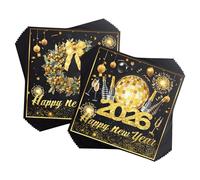Lot de 40 serviettes de table pour le Nouvel An, décoration de table Happy noir et doré, décoration de fête, Nouvel An, 33 x 33 cm
