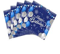 Lot de 40 serviettes en papier jetables à thème « Happy Birthday » - Pour dîner, pique-nique, cocktail, fête d'anniversaire - Décorations pour homme et femme - Bleu et argenté