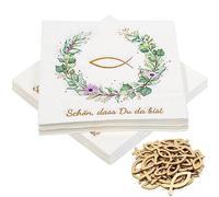 Lot de 40 serviettes et 45 décorations en bois en forme de poisson « Schön, dass du da bist » - Décoration de table en forme de poisson pour baptême, communion, confirmation ou autres occasions