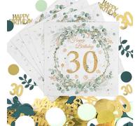 Lot de 40 serviettes Happy Birthday avec confettis pour 30e anniversaire, serviettes de table eucalyptus, décoration de fête d'anniversaire 30 ans, pour femme et homme, décoration de table