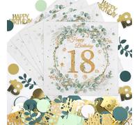 Lot de 40 serviettes Happy Birthday confettis, décoration table 18e anniversaire eucalyptus