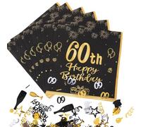 Lot de 40 serviettes pour 60 ans pour homme - Décoration d'anniversaire - Confettis noirs et dorés pour hommes et femmes - Décorations d'anniversaire