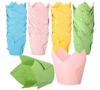 Lot de 400 caissettes à muffins en forme de tulipe - Résistantes à la graisse - Pour Noël, mariage, anniversaire, fête prénatale - Vert Jaune Bleu Rose